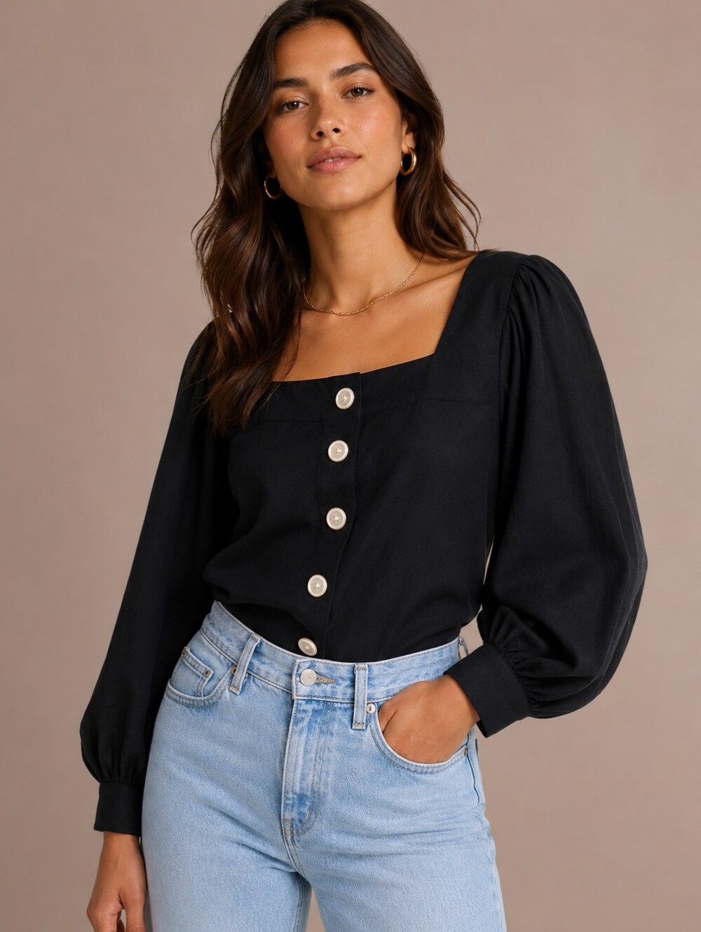 NWT J.CREW Black Linen Squareneck Square Neck Puff Sleeve Button Front Top Small